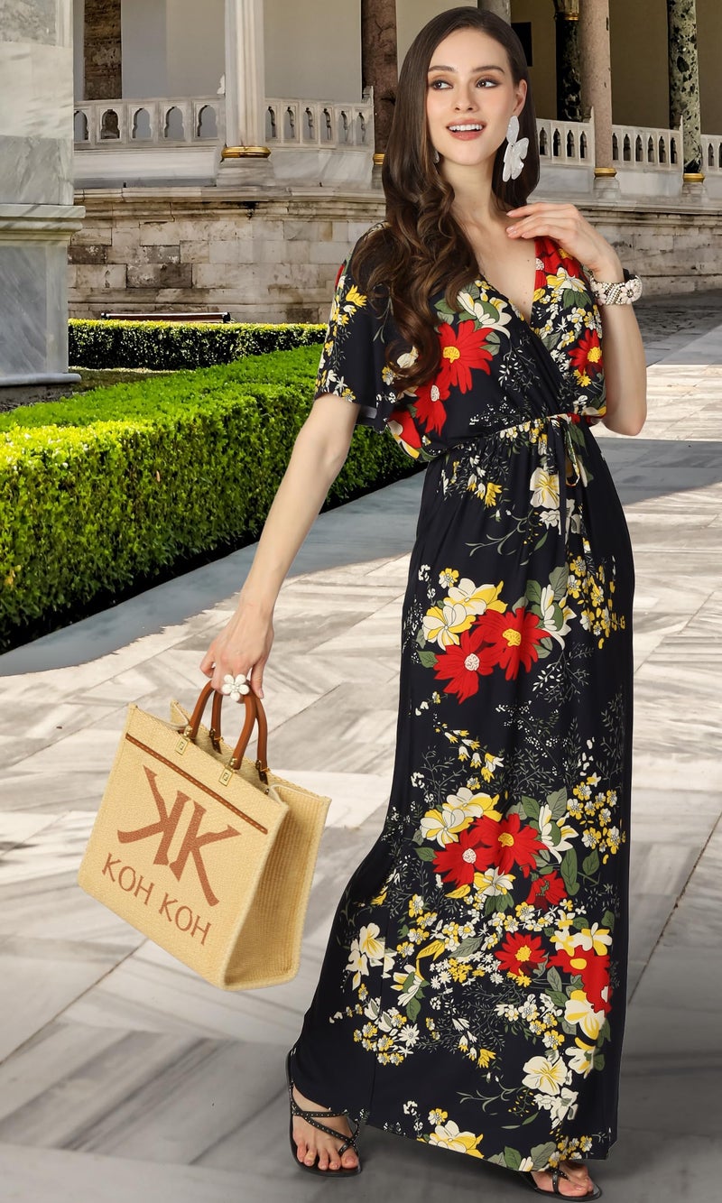 KOH KOH Womens Long Summer Floral Flower Print Sexy Kaftan Caftan Beach Casual Flowy Hawaiin Sun Cover-up Sundress Sundresses Gown Gowns Maxi Dress Dresses, Dark Navy Blue L 12-14 - Image 2